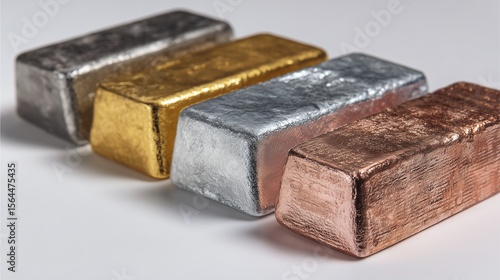 Precious Metals: Four shiny precious metal bars including silver, gold, aluminum, and bronze sit in a neat row under bright lighting, reflecting their metallic shine and inherent value.