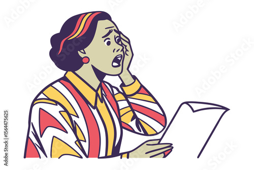 Shocked woman reacts to bad news on paper with dramatic expression and bold geometric fashion