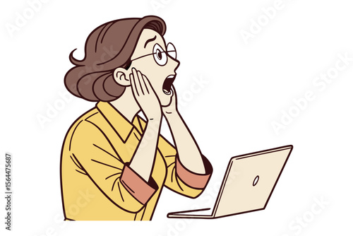 Shocked woman with glasses gasps in astonishment while looking at her laptop screen in disbelief