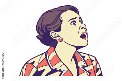 Retro pop art woman expressing shock and surprise with wide eyes and open mouth wearing a patterned jacket and earring