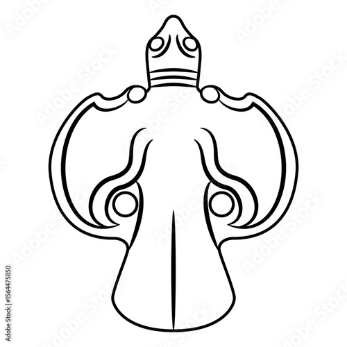Stylized bird. Totem animal figurine from ancient China. Ethnic symbol. Black and white linear silhouette.