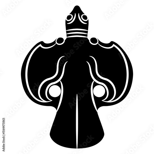 Stylized bird. Totem animal figurine from ancient China. Ethnic symbol. Black and white silhouette.