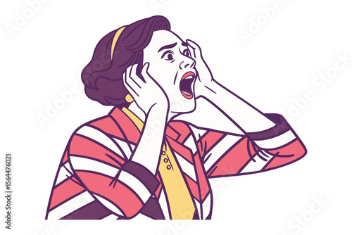 Retro woman expressing shock and horror by covering her ears and mouth with her hands in a bold graphic style