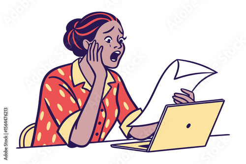 Shocked woman with hand on face stares at laptop screen and paper expressing surprise and disbelief at unexpected news or information