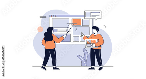 Illustrative Representation of Two Colleagues Collaborating on a Digital Project Layout and Design Strategy