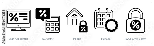 A set of 5 mix icons as loan application, calculator, pledge
