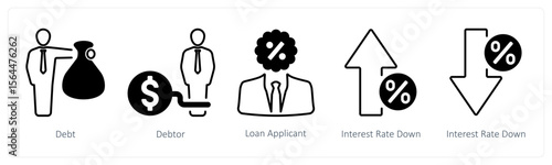 A set of 5 mix icons as debt, debtor, loan applicant
