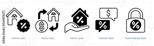 A set of 5 mix icons as home loan, interest rate, fixed interest rate