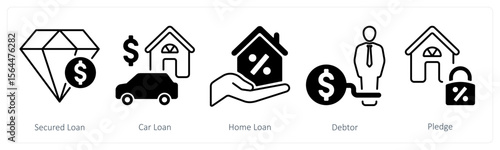 A set of 5 mix icons as secured loan, car loan, home loan