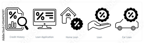 A set of 5 mix icons as credit history, loan application, home loan