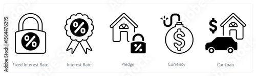 A set of 5 mix icons as fixed interest rate, interest rate, pledge