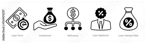A set of 5 mix icons as loan term, investment, refinance