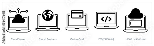 A set of 5 mix icons as cloud server, global business, online card