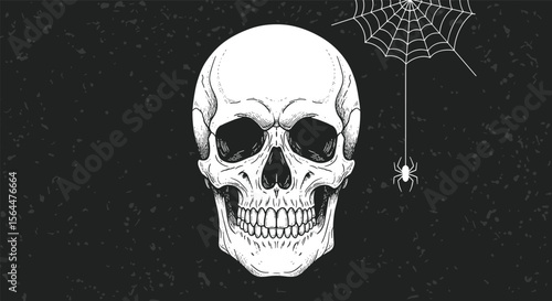 A Grim Skull Adorned with Cobwebs and a Spider Evokes a Sense of Foreboding and the Macabre