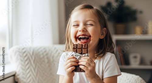 Happy Child Enjoying Delicious Chocolate Bar