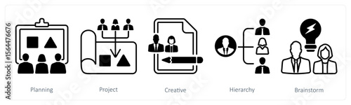 A set of 5 mix icons as planning, project, creative