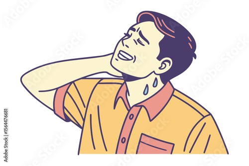Man experiencing neck pain and sweating profusely conveying discomfort and heat exhaustion in a stylized illustration with a white background