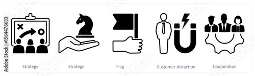 A set of 5 mix icons as strategy, flag, customer attraction