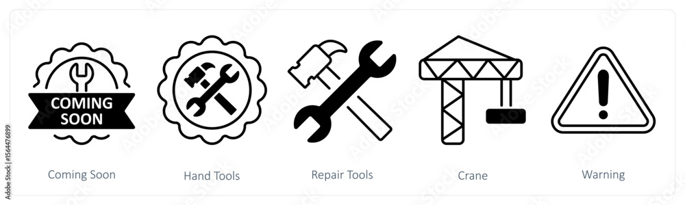 A set of 5 mix icons as coming soon, hand tools, repair tools A set of 5 mix icons as coming soon, hand tools, repair tools