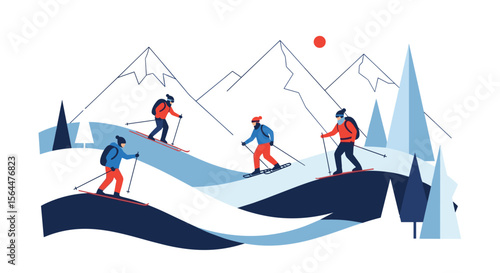 Four Skiers Ascend Majestic Snow Covered Mountains Enjoying Winter Adventure Sports and Scenic Beauty