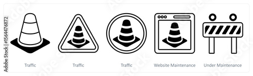 A set of 5 mix icons as traffic, website maintenance, under maintenance