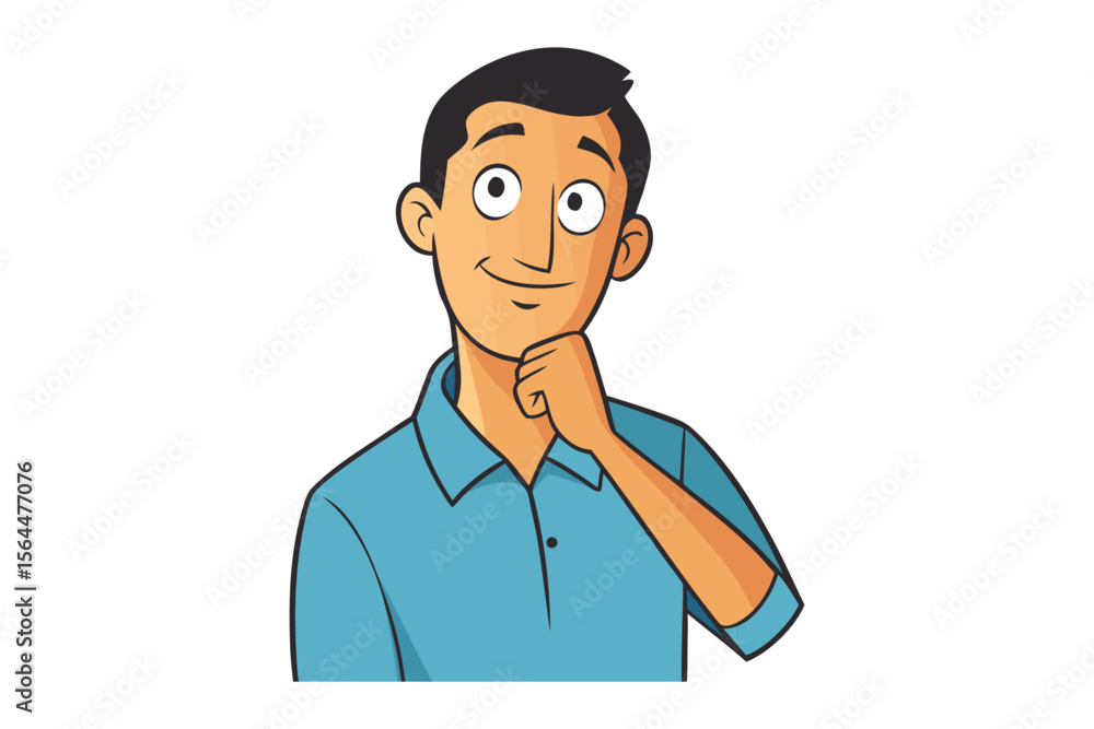 Fototapeta premium Cartoon man with a thoughtful expression resting his chin on his hand wearing a blue collared shirt isolated on a white background