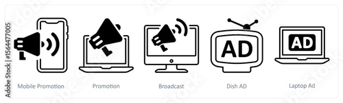 A set of 5 mix icons as mobile promotion, promotion, broadcast