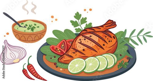 Tandoori Chicken in isolated background vector design, Chicken Tandoori vector design, Grill Chicken vector design
