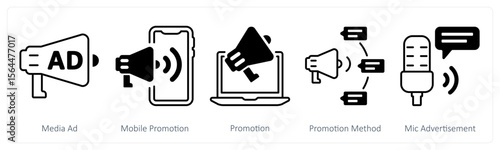 A set of 5 mix icons as media ad, mobile promotion, promotion