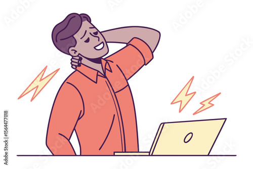 Man experiencing neck pain and discomfort while working on a laptop illustrating the physical strain of prolonged computer use