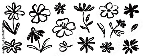 Flower brush paint stroke set. Hand drawn floral flower, leaf graffiti elements in brush paint silhouette set. Vector black ink stroke doodle floral texture sketch spring pattern. Vector illustration