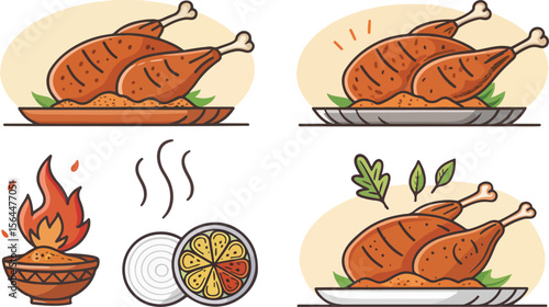 Set of Chicken Tandoori Illustration vector design, Chicken Tandoori Logo and icon design, Chicken Kebab vector design