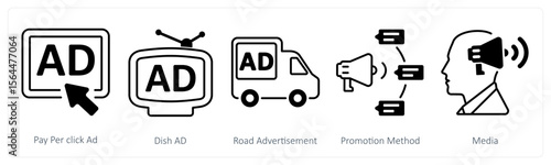 A set of 5 mix icons as pay per click ad, dish ad, road advertisement