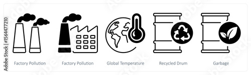 A set of 5 mix icons as factory pollution, global temperature, recycle bttery