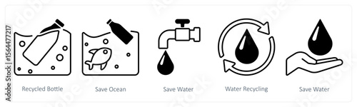 A set of 5 mix icons as recycle bottle, save ocean, save water