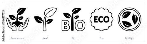 A set of 5 mix icons as save nature, leaf, bio