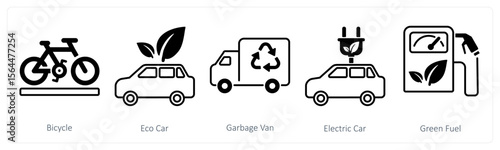 A set of 5 mix icons as bicycle, eco car, garbage van