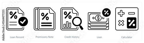 A set of 5 mix icons as loan percent, promissory note, credit history