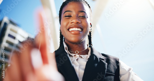 Foto Business woman, smile and selfie in city with point, low angle and post on web with commute to work