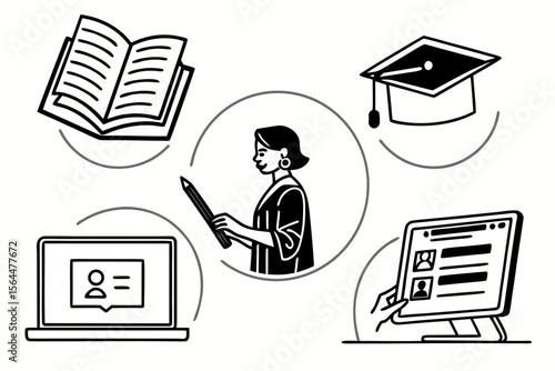 A teacher with a pencil surrounded by education icons on white