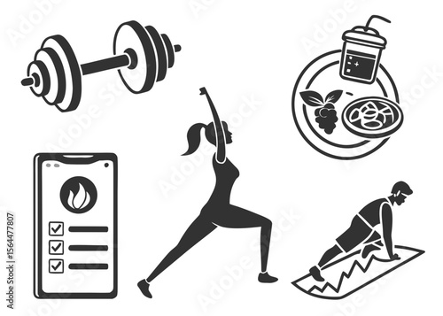 Fitness icons show a woman stretching and a man doing pushups