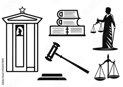 Illustrations of law, justice, court, and legal symbols