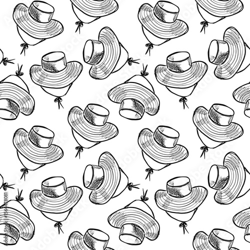 Various sun hats pattern on a white background showcasing a fun and stylish summer accessory collection