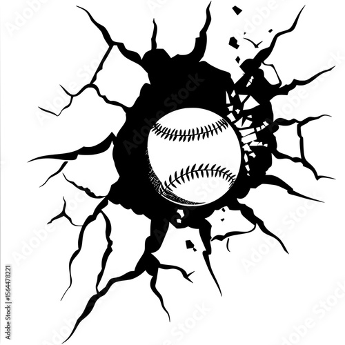 Baseball breaking through cracked surface illustration, Black and white graphic of a baseball smashing through a cracked surface, symbolizing power, impact, and dynamic sports energy.

