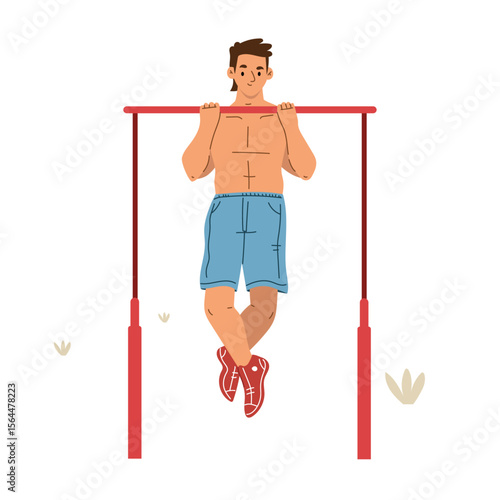 Muscle-Building Routine: A man showcases strength and determination, executing a pull-up on a red bar, embodying the spirit of fitness and the pursuit of physical excellence.