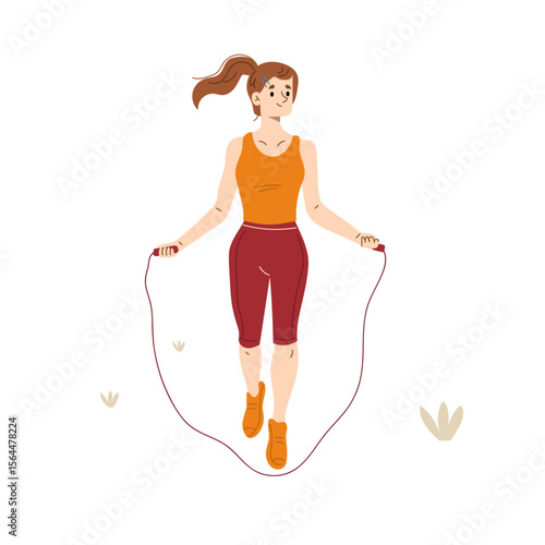 Energetic Cardio: A young woman jumps rope in a vibrant exercise scene, capturing the essence of health, fitness, and active lifestyle in a clean, dynamic composition.