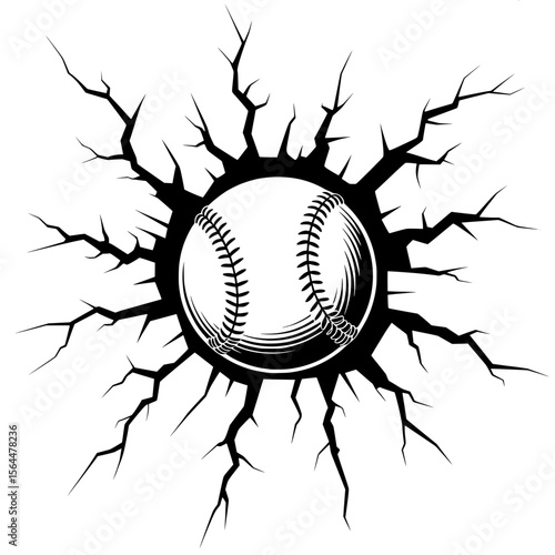 Baseball breaking through cracked surface illustration, Black and white graphic of a baseball smashing through a cracked surface, symbolizing power, impact, and dynamic sports energy.

