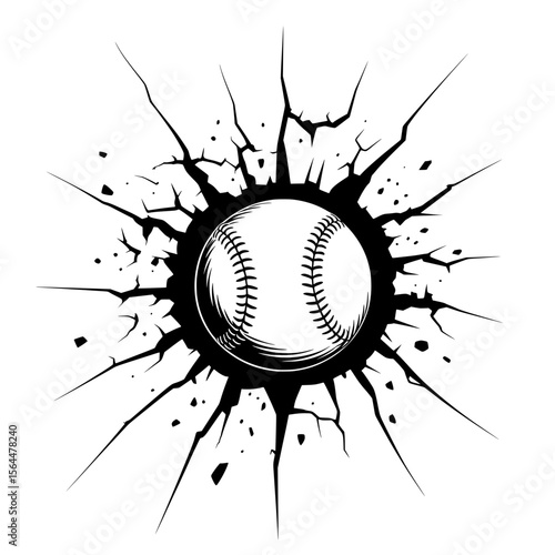 Baseball breaking through cracked surface illustration, Black and white graphic of a baseball smashing through a cracked surface, symbolizing power, impact, and dynamic sports energy.

