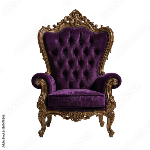 Elegant purple velvet throne chair with gold ornate carvings displayed against a dark background.