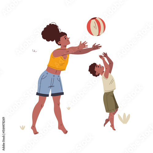 Beach Ball Playtime: Captured is a heart warming illustration of a sunny beach day where a mother and child share a joyous moment playing with a vibrant ball.